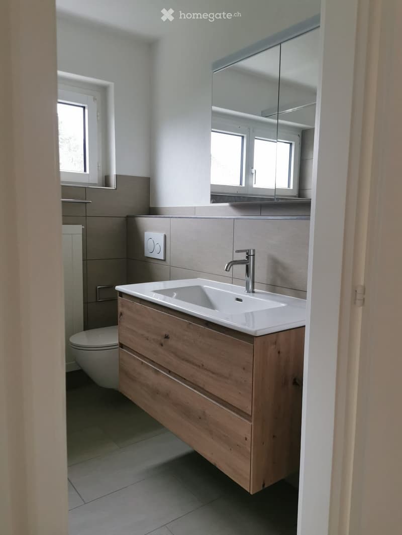 Modern bathroom with a white sink, wooden cabinet, chrome faucet, large mirror, and a toilet. Light grey tiles and a window provide natural light.