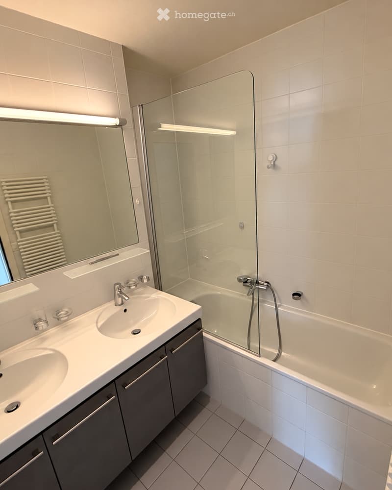Modern bathroom with a double sink, bathtub, large mirror, and a radiator. The space features tiled walls and a glass-enclosed bathtub area.