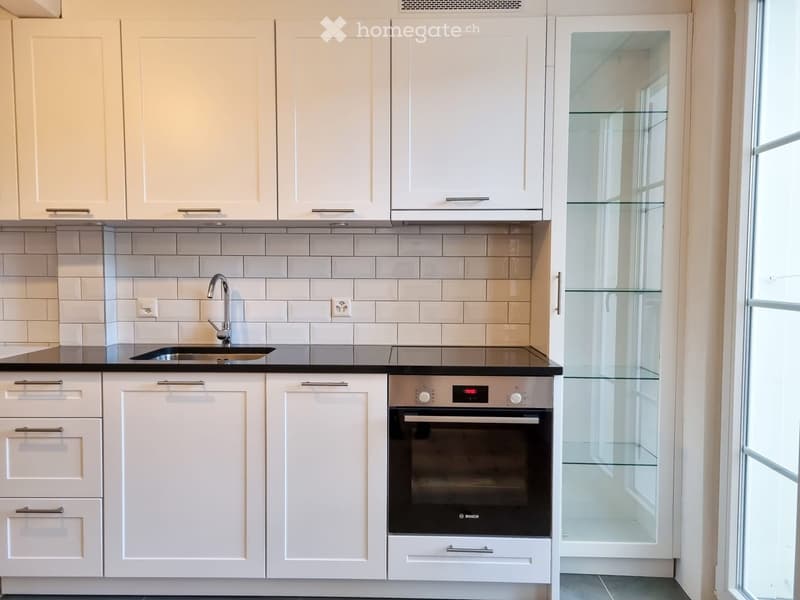 Modern kitchen with white cabinets, stainless steel sink, and Bosch oven. Features a glass-fronted cabinet and tiled backsplash.