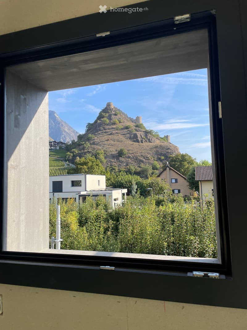 View from a window showing a scenic landscape with a hilltop castle, vineyards, and modern houses.