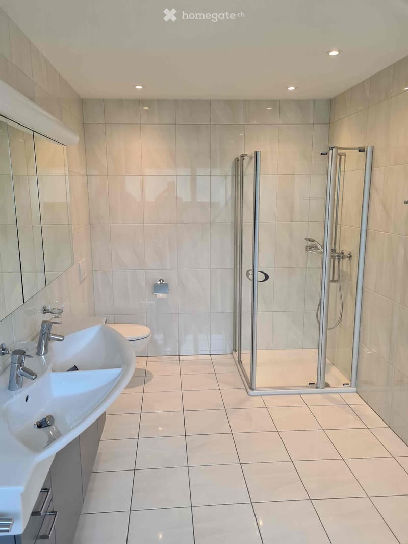 Modern bathroom with white tiles, a double sink, a toilet, and a glass-enclosed shower with a modern handle.