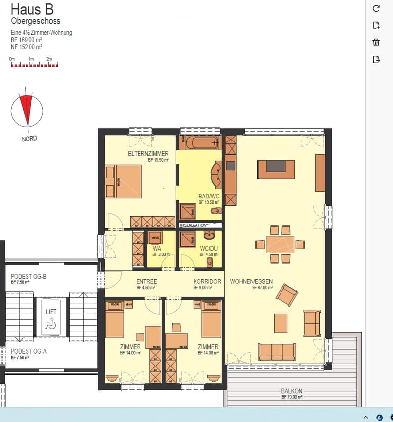 Floor plan of a 4-room apartment on the upper floor, including living/dining area, two bedrooms, bathroom, and balcony.