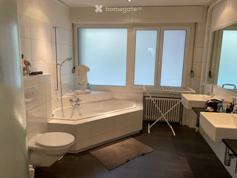 Modern bathroom with a bathtub, toilet, double sink, large window, and a towel on the floor.