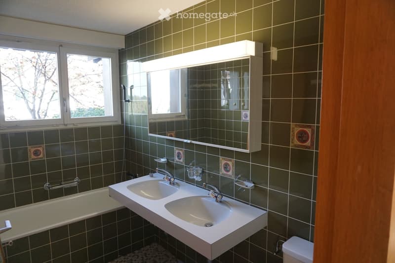 Bathroom with dark green tiled walls, a white double sink, a bathtub, and a large mirror with built-in lighting. The room features a window with a view of trees and decorative tiles on the walls.