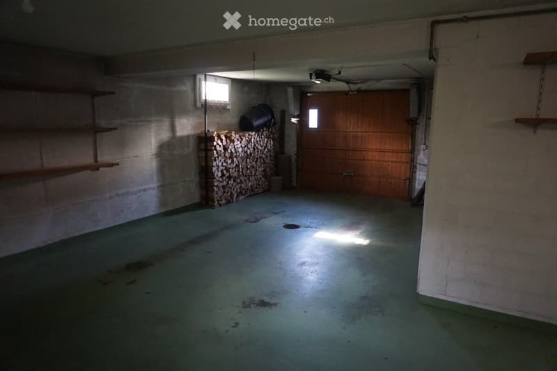 Empty garage with concrete walls, wooden door, shelves, and a pile of firewood.