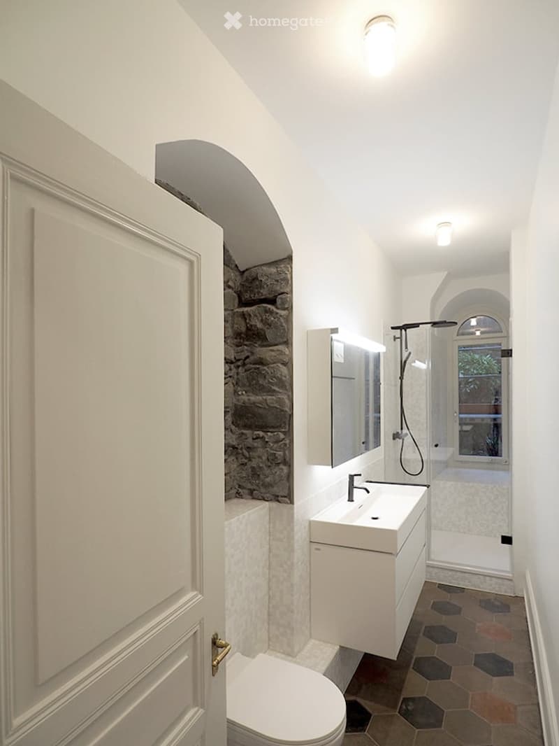 Modern bathroom with white walls, hexagonal tile floor, stone accent wall, sink with mirror, toilet, and shower area with glass enclosure.
