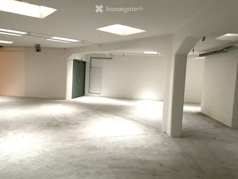 Empty underground parking space with concrete floors and walls, featuring a single green door and several square ceiling lights.