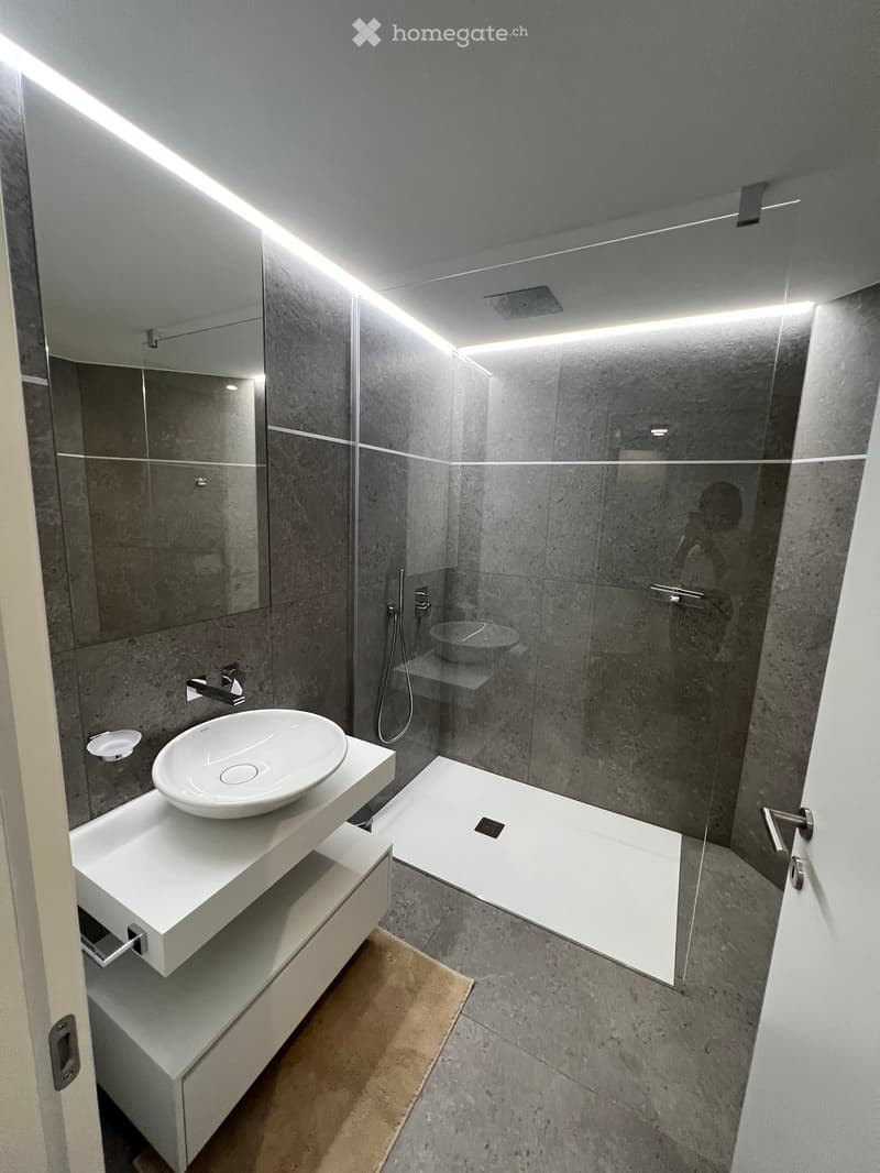 modern bathroom with gray tiles, white sink, glass shower enclosure, mirror, and a shower head