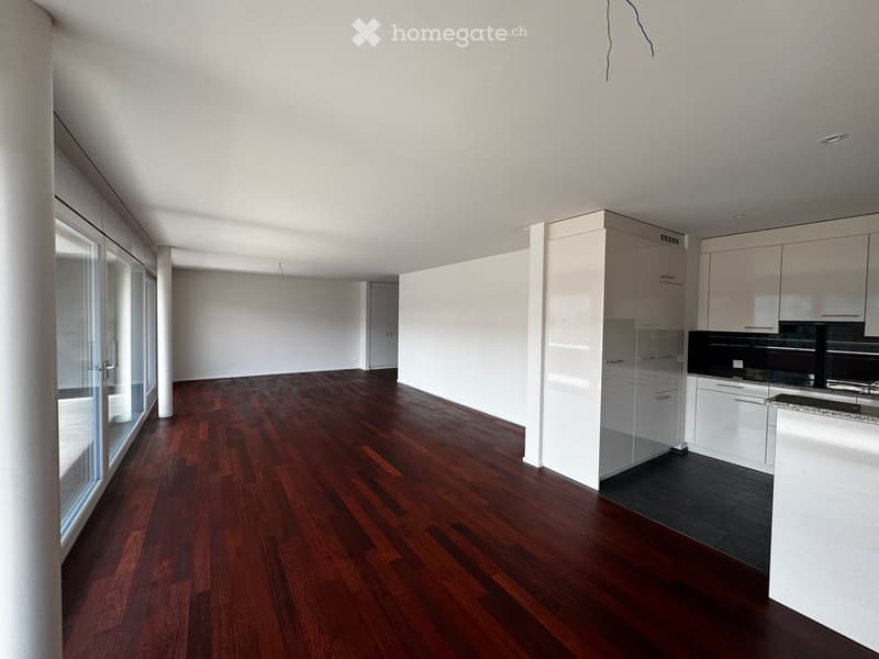 Open-plan living and dining area with dark wooden flooring, white cabinets, and a modern kitchen area featuring an oven and sink.