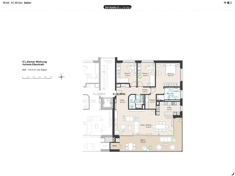 Floor plan of a 4.5-room apartment with three bedrooms, a living/dining area, kitchen, bathroom, and balcony.