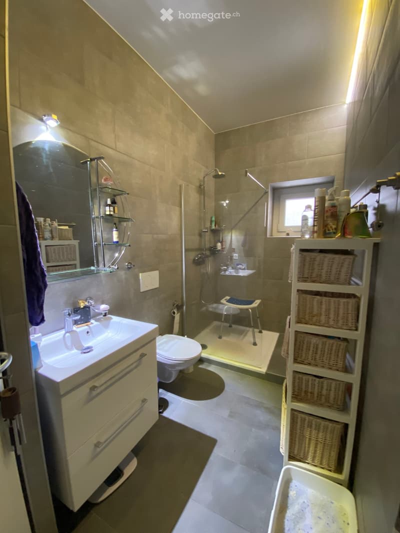 Modern bathroom with a sink, toilet, shower, and a shelf with wicker baskets. The room features a large mirror, a glass shower enclosure, and a small stool inside the shower area.