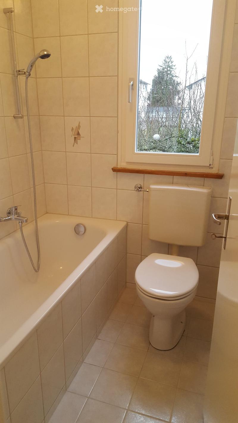 Bathroom with a bathtub, toilet, showerhead, and a window overlooking a garden area.