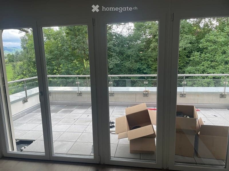 slide doors opening to terrace with view, cardboard boxes in the floor