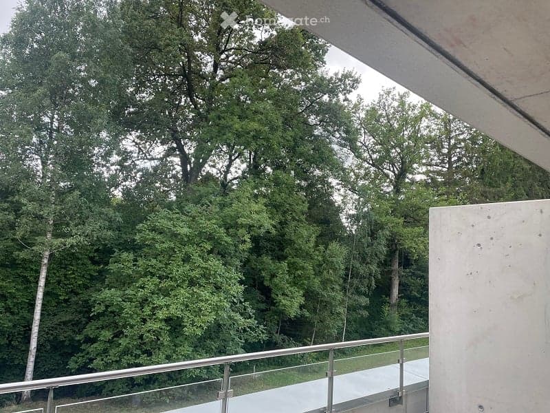 terrace with railing, glass floor, concrete barrier, trees