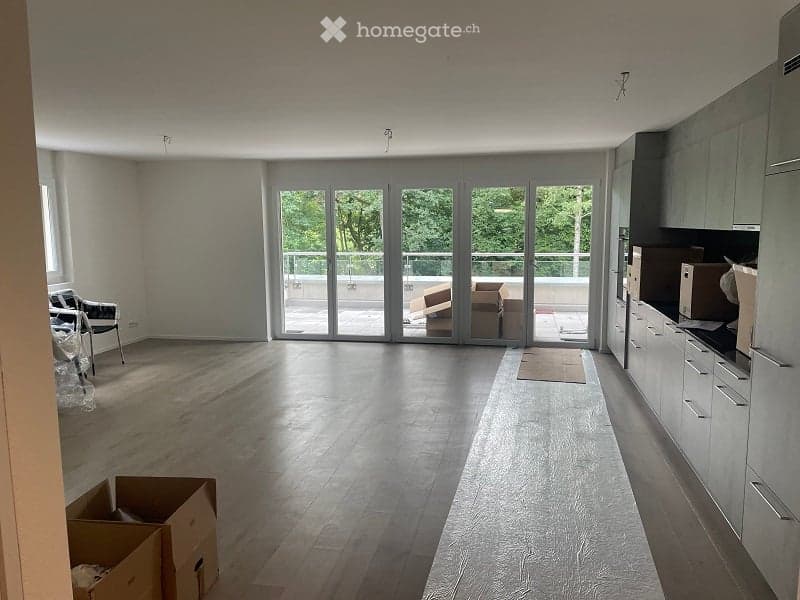 An empty room with wooden floor, sliding glass doors, white walls, cabinets, and a rug.