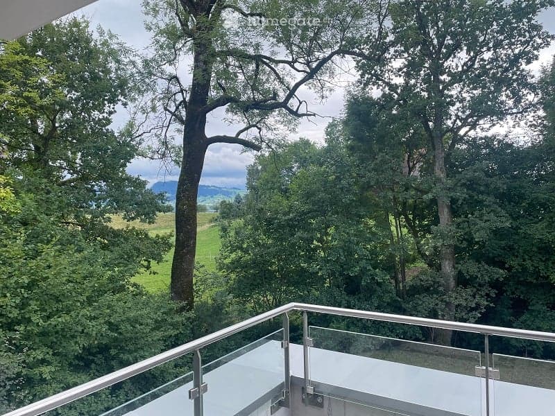 balcony with glass railings, glass floor, trees in the distance, field and mountains