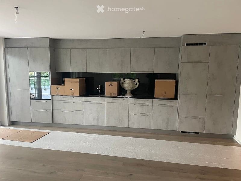 Modern, sleek grey cabinetry, black countertops, central island with sink, embedded appliances, large windows