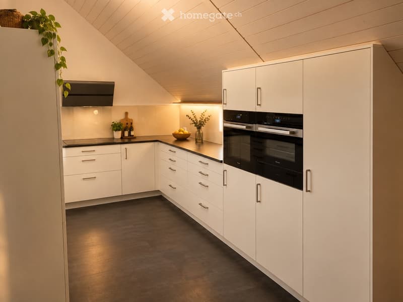 Modern kitchen with white cabinets, stainless steel oven, dark countertops, and decorative plants.