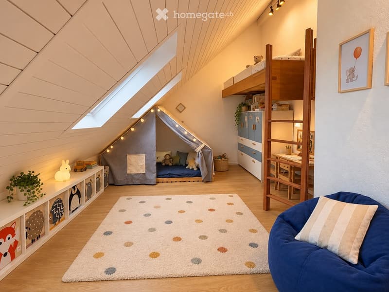 Cozy attic bedroom with wooden floors, slanted ceilings, and skylights. Features a bunk bed, a small sofa, a desk area, and a play tent.