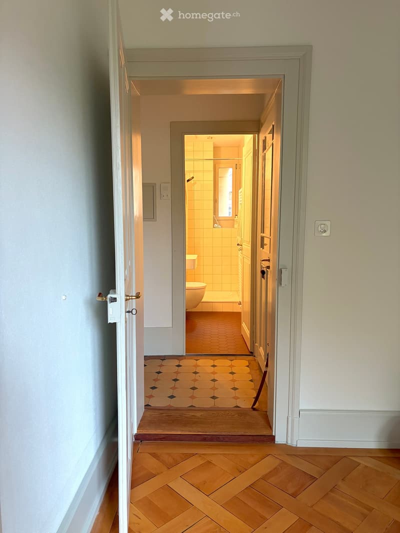 A narrow hallway with wooden flooring and patterned tiles, leading to a bathroom with a toilet and sink.