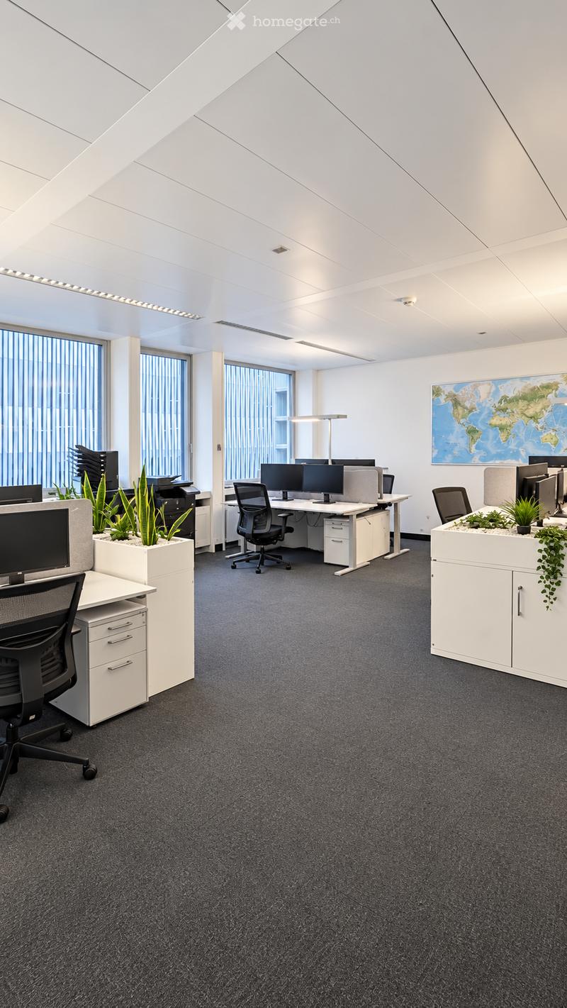 Modern office space with desks, chairs, computer monitors, printers, cabinets, and plants. Large windows with blinds and a world map on the wall.