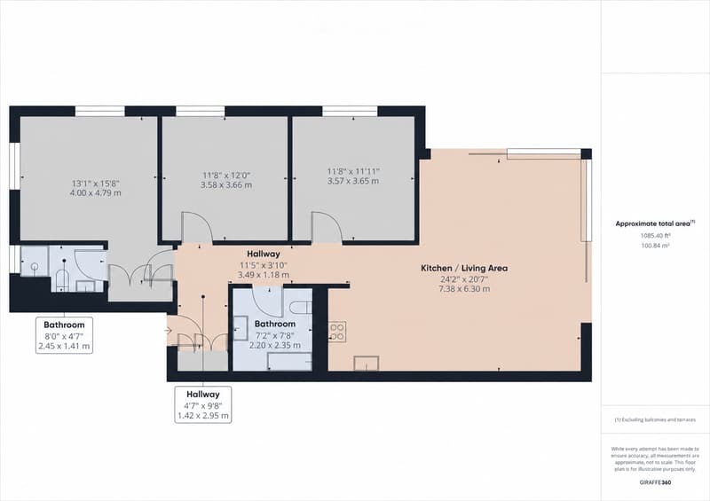 Floor plan of a 1085.40 sq ft (100.84 m²) apartment featuring a combined kitchen/living area, two bathrooms, and two hallways.