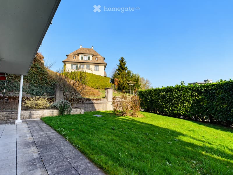 Well-maintained garden with a concrete pathway leading to a raised house, surrounded by hedges and trees.
