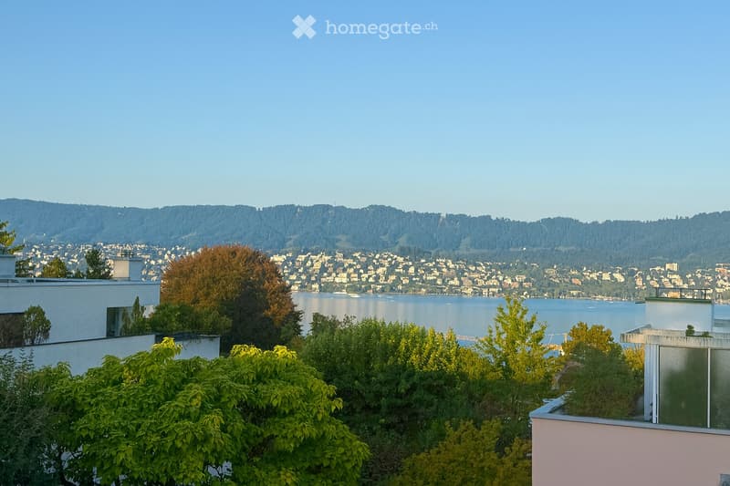 A serene balcony view overlooking a lake with a cityscape and distant mountains in the background, surrounded by lush green trees.