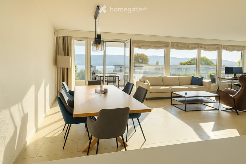 Bright living and dining area with large windows and a view, featuring a beige sofa, coffee table, dining table with chairs, and modern lighting.