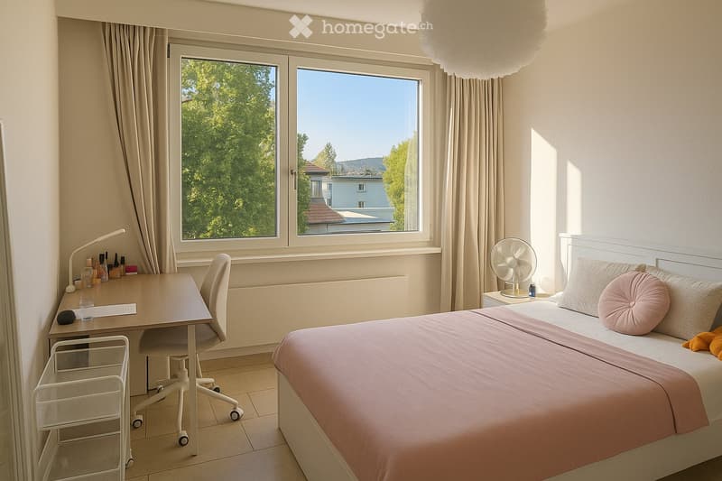 Modern bedroom with a double bed, pink bedding, a desk with a chair, a fan on a nightstand, and large windows with curtains offering a view of greenery.