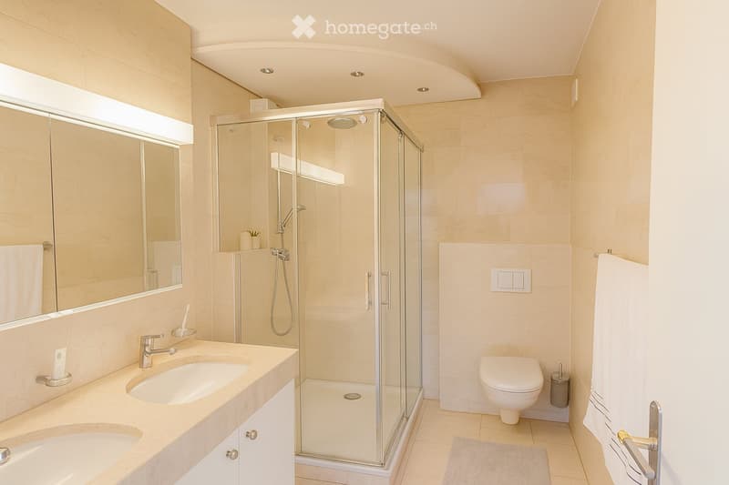 Modern bathroom with a large mirror, double sink, glass-enclosed shower, and toilet. Features include a towel rack, toothbrush holder, and a small plant on the shower shelf.