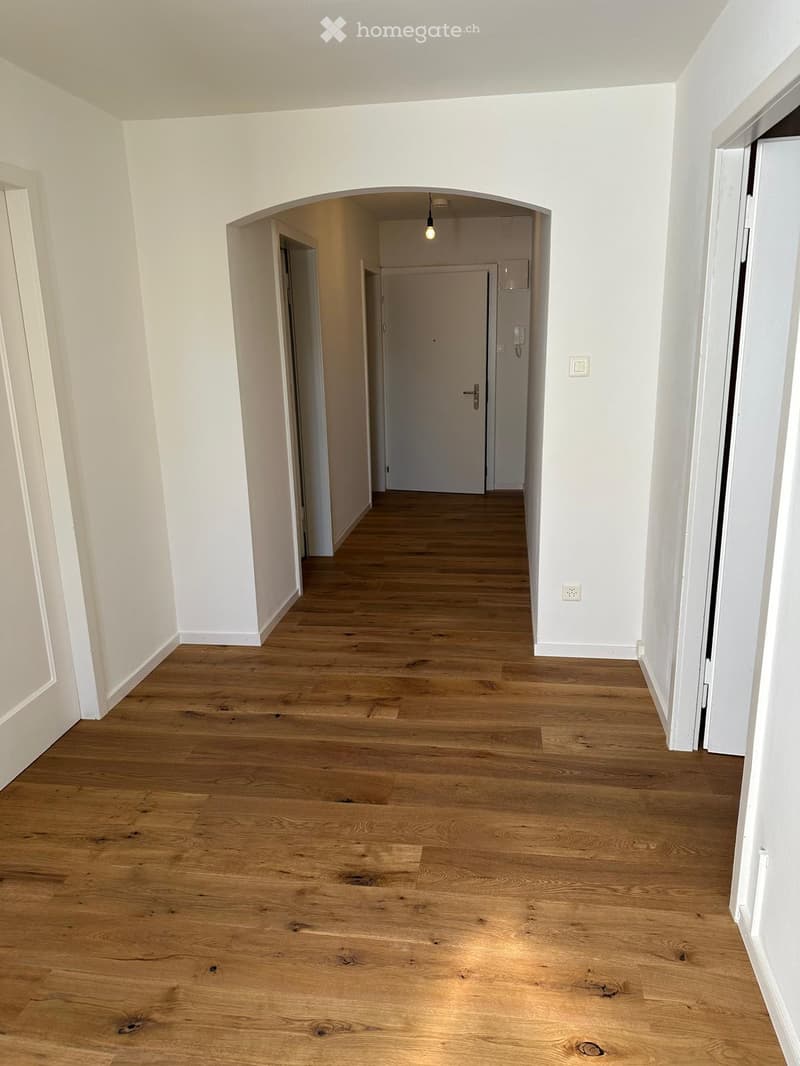 Empty hallway with light wooden flooring, white walls, and a single hanging light fixture. Doors visible at the end of the hallway.