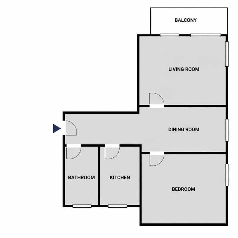 Floor plan of a 1-bedroom apartment with a living room, dining room, kitchen, bathroom, and balcony.