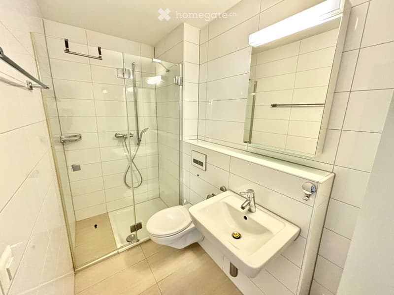 Modern bathroom with white tiles, a glass-enclosed shower, a toilet, a sink with a modern faucet, and a large mirror above the sink.