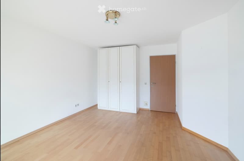 Empty room with white walls, wooden floor, a white wardrobe, and a brown door.