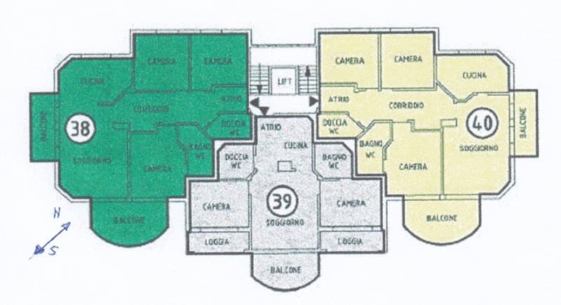 Floor plan with labeled rooms and areas, including bedrooms, living room, kitchen, and balconies.