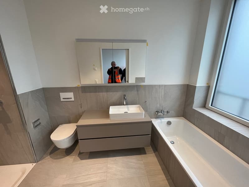 Modern bathroom with a white toilet, a sink on a grey cabinet, a bathtub, and a large mirror above the sink. The walls are tiled in grey and white, and the floor is wooden.