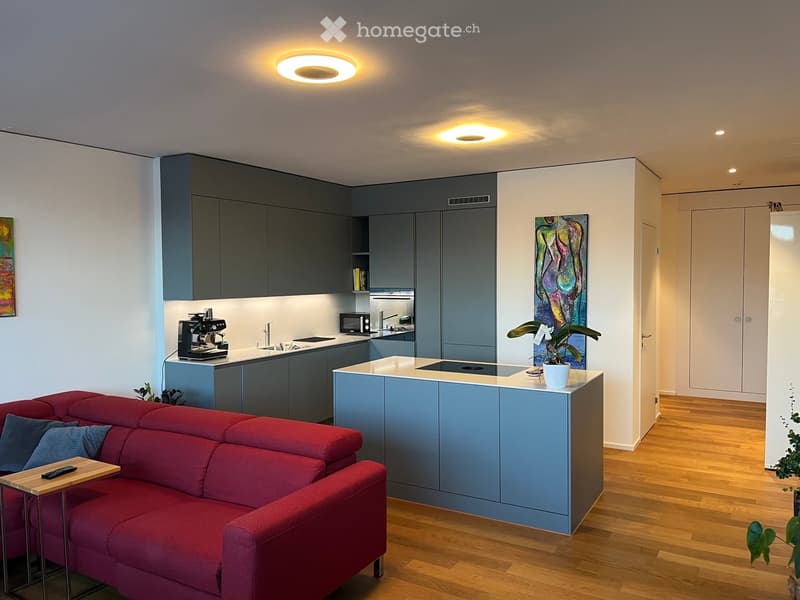Modern open-plan living and kitchen area with a red sofa, coffee table, kitchen island, coffee machine, microwave, sink, faucet, potted plant, and artwork.