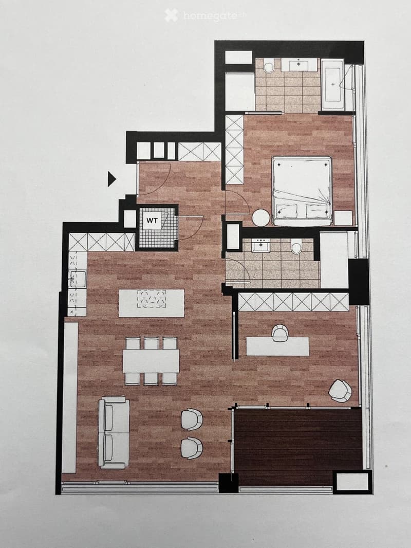 Layout includes a living room, dining area, kitchen, bedroom, and bathroom. Features include a walk-in closet, small entryway, and a separate utility area.