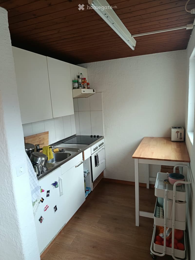 The kitchen features white cabinets, a wooden countertop, a sink, an oven, a refrigerator with magnets, a toaster, and a small cart with items on it.