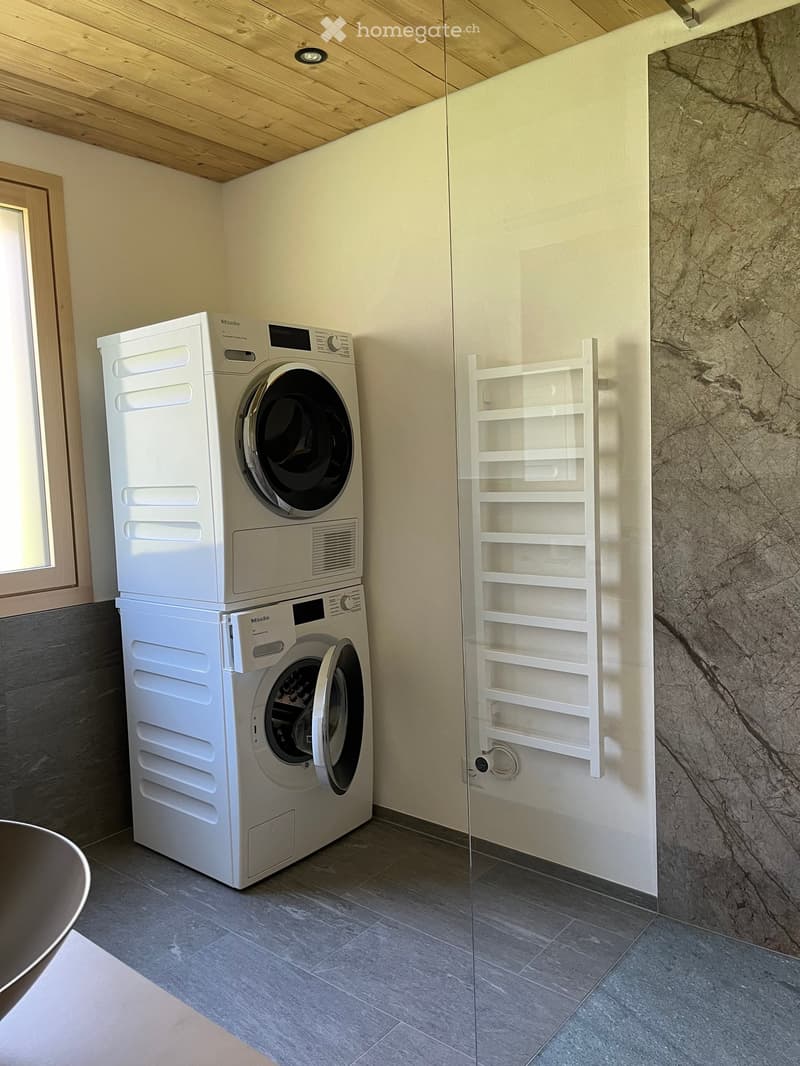 Modern laundry room with stacked white washing machine and dryer, glass door, and white towel rack.