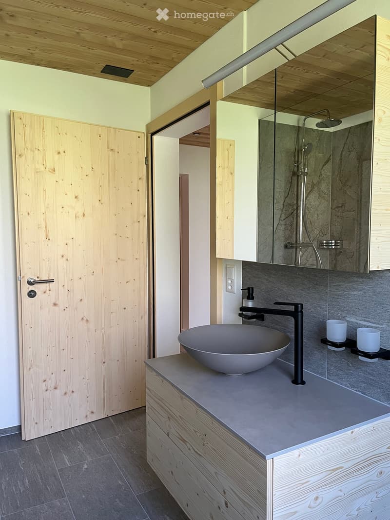 Modern bathroom with a wooden door, a sink with a sleek black faucet, a large mirror, and a shower area visible in the background.