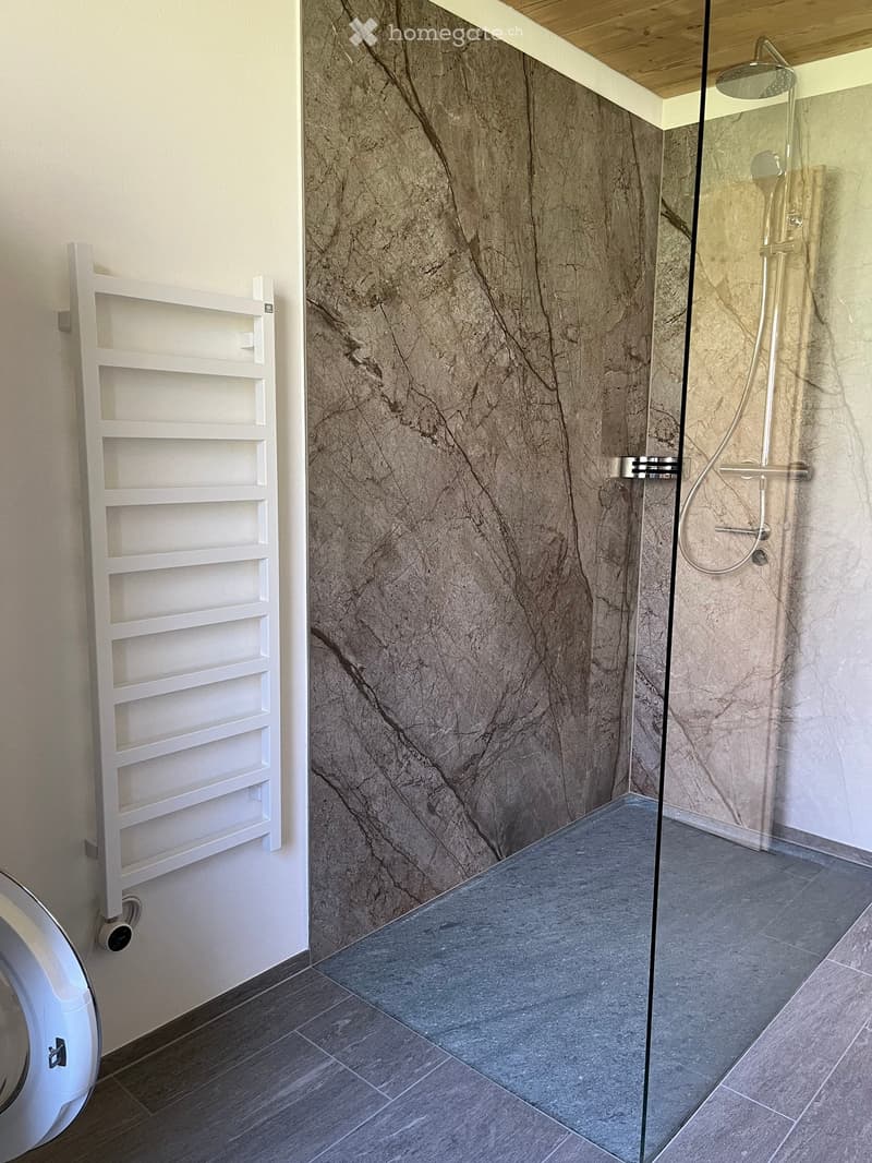 Modern bathroom with a glass-enclosed shower area, marble-textured walls, and a white towel rack.