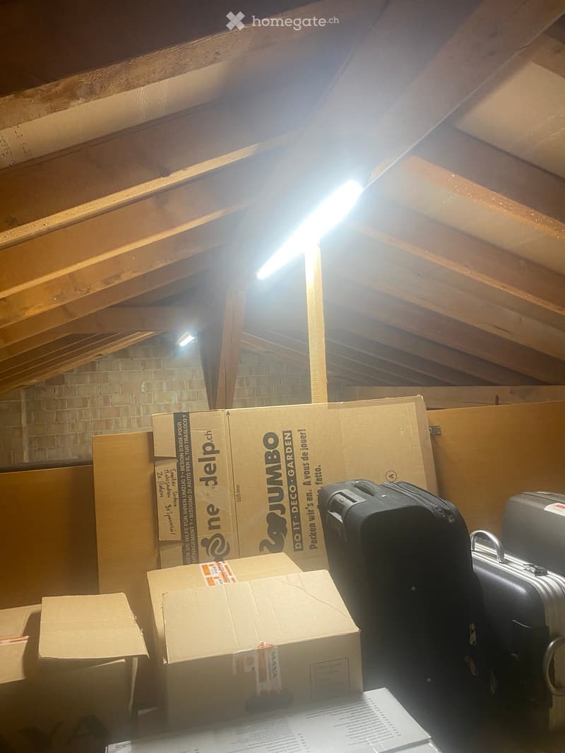 An attic space with exposed wooden beams and skylights, containing several cardboard boxes and a suitcase, indicating storage or moving.