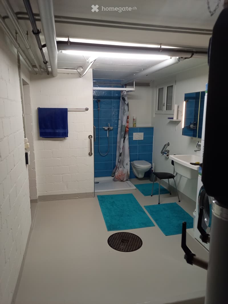 Modern bathroom with white brick walls, blue tiled shower area, toilet, sink, mirror, and a small chair. Blue towels and rugs are placed on the floor.