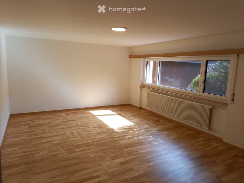 Empty room with wooden flooring, white walls, and large windows allowing natural light to enter. The room features a radiator under the windows and a ceiling light fixture.