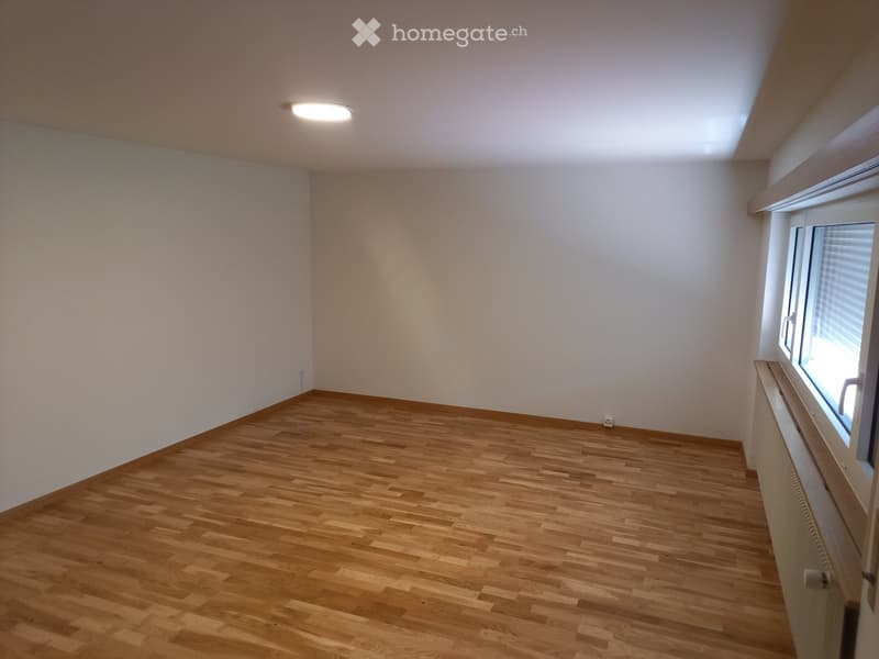 Empty room with wooden flooring, white walls, and a large window with blinds. The room has a ceiling light fixture and a radiator under the window.