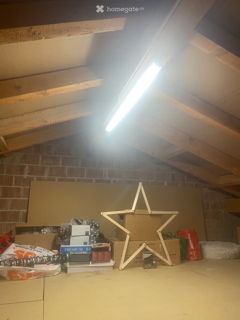 An attic space with exposed wooden beams and brick walls, featuring cardboard boxes, a small wooden star-shaped structure, and various storage items.