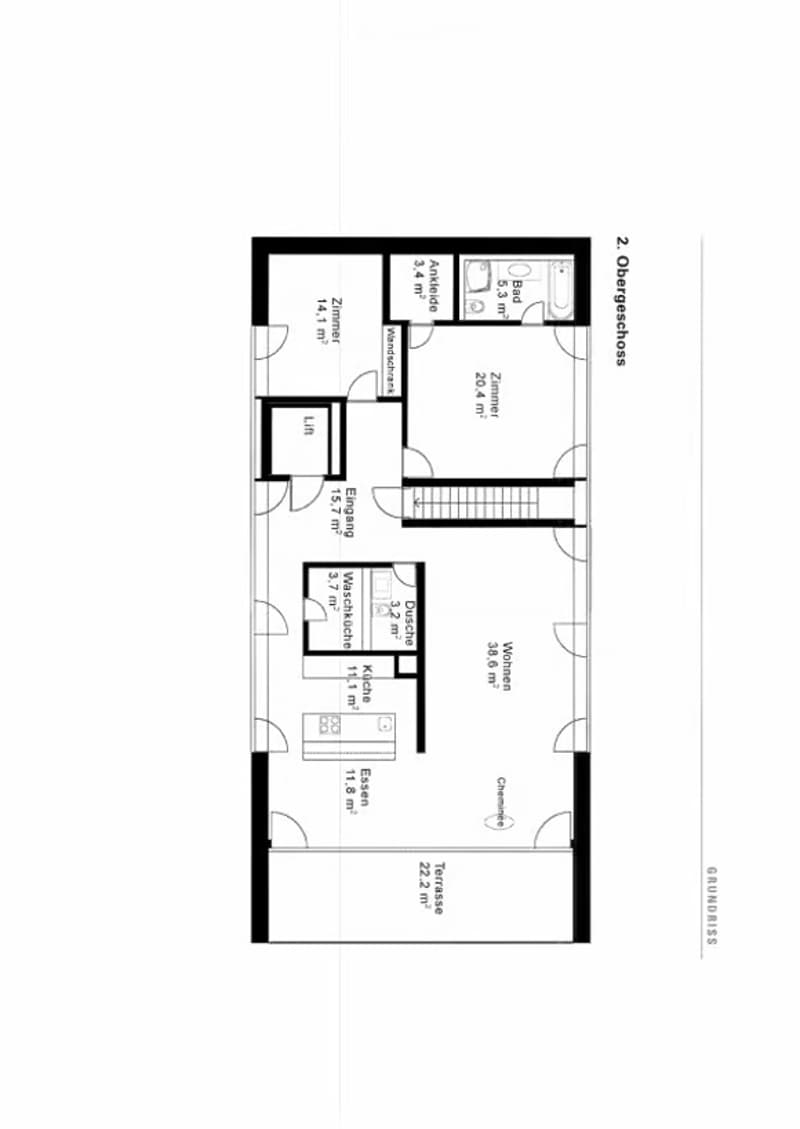Floor plan of a 2-room apartment with a living room, kitchen, bedroom, bathroom, and terrace.