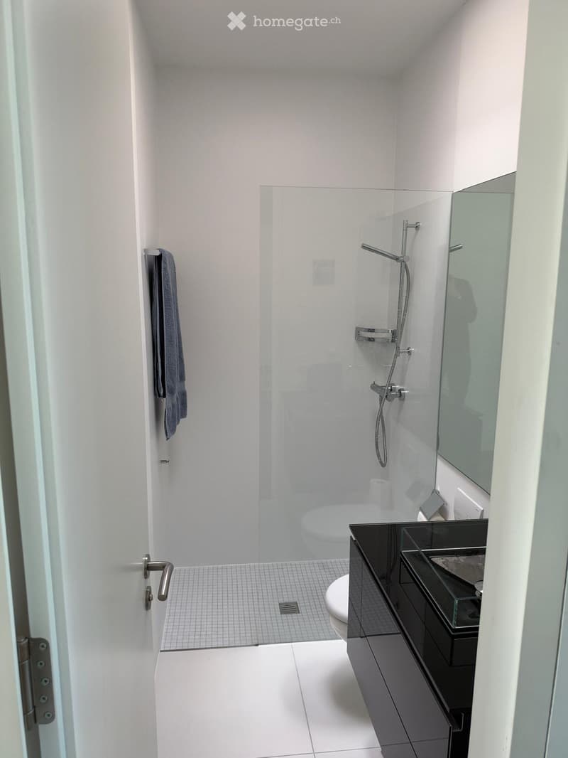 Modern bathroom with white tiles, black vanity, glass shower enclosure, and a towel hanging on the wall.